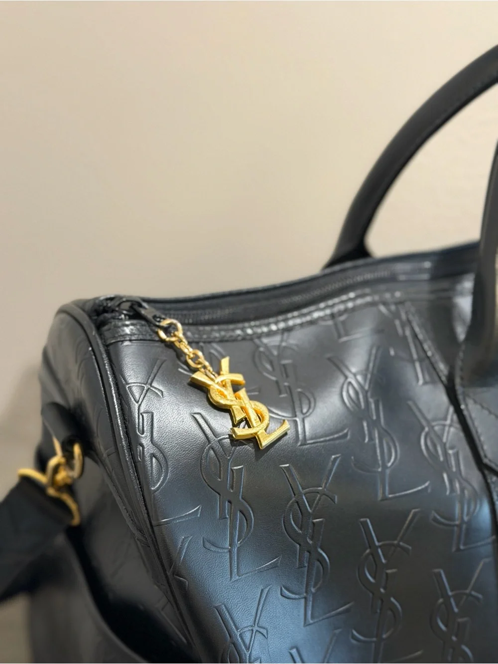 Saint Laurent YSL Black Embossed Leather Duffel Bag